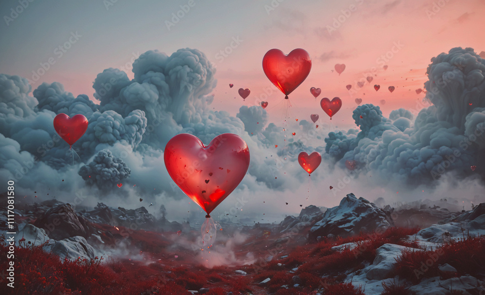 Poster bunch of red balloons with hearts on them are flying in the sky. there are at least nine balloons in