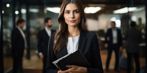 Fototapeta premium Woman leader in a corporate space, holding a clipboard and standing confidently in front of a boardroom setting
