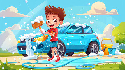 Cheerful Cartoon Illustration of a Boy Washing a Car

