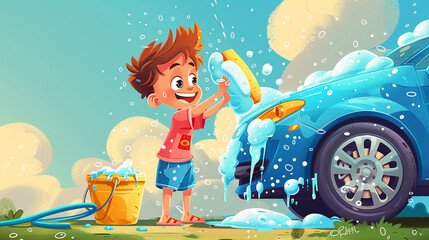 Cheerful Cartoon Illustration of a Boy Washing a Car

