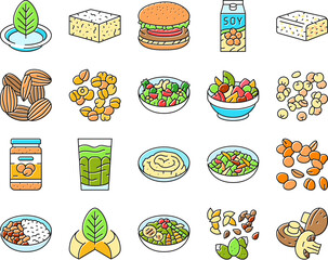 vegan food fresh organic icons set vector. vegetarian healthy, green fruit, diet nutrition, bio market, meal leaf vegetable vegan food fresh organic color line illustrations