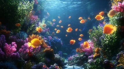 A captivating underwater ecosystem teeming with schools of bright orange fish swimming gracefully among vibrant coral formations. Sunlight filters through the water, illuminating the scene