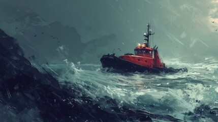 Naklejka premium After successfully maneuvering through rocky waters the captain personally radios in their status to coastal authorities reporting their safe arrival to their intended destination.