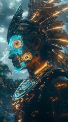 Ancient Aztec Warrior in Futuristic Power Suit with Holographic Patterns and Glowing Helmet Under a Stormy Sky