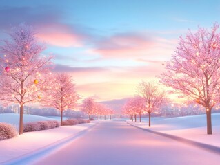 Pink Winter Wonderland Snowy Path with Illuminated Trees