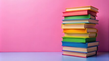 Colorful stack of books on pink background representing LGBTQ+ concept, LGBTQ+, pride, diversity, equality, love, rainbow