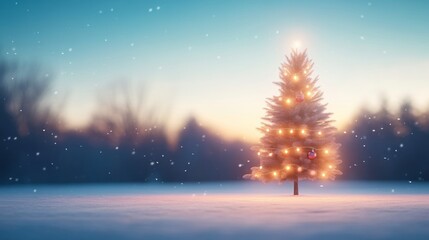 Naklejka premium Illuminated Christmas Tree in Snowy Landscape at Sunset