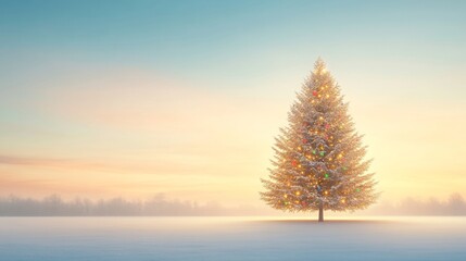 Solitary Christmas Tree in Winter Wonderland at Sunrise.