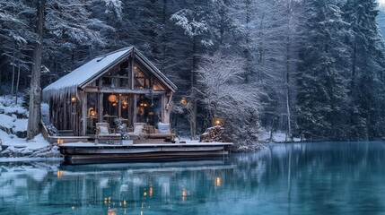 Fototapeta premium A serene winter scene featuring a cozy cabin by a frozen lake surrounded by snow-covered trees.