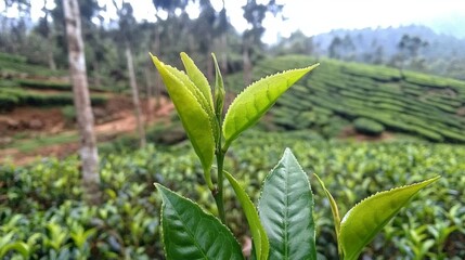 Fototapeta premium Close up Fresh Tree tea plantations mountain green nature in herbal farm plant back - ai