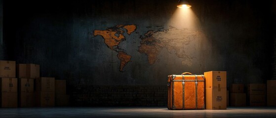 [Supply Chain Reverse Trade] Mysterious Warehouse Scene with Map on Wall - Dark Lighting & Overlapping Boxes