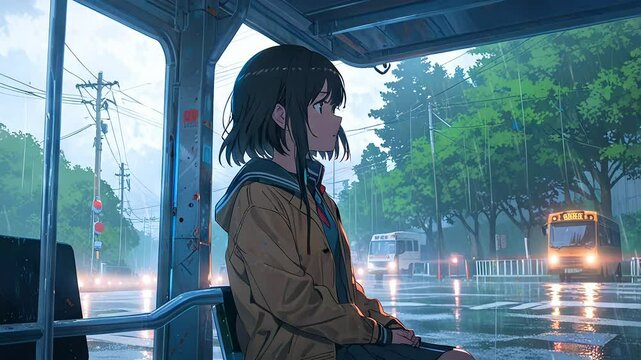 Cute anime girl alone in the night rain. illustration lofi music chill, sad and relaxed. 4K Generative AI video looping animation