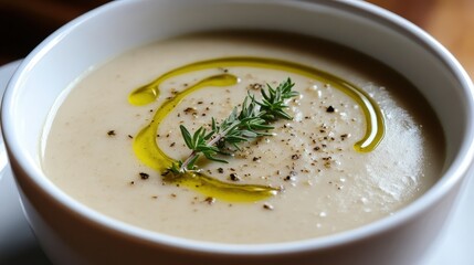 Bowl of creamy mushroom soup garnished with fresh thyme and olive oil drizzle
