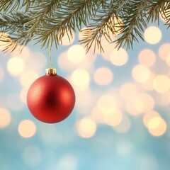 Fototapeta premium Red Christmas Ornament Hanging from Pine Branch with Bokeh Lights