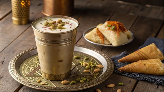 Classic sweet lassi in brass tumbler with snacks and dessert