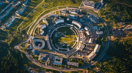 Obraz premium Aerial view of a circular architectural complex surrounded by greenery.