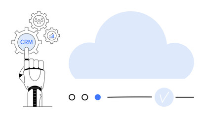 Robotic hand pressing CRM gear, icons for customers, analytics next to large cloud. Ideal for technology integration, CRM systems, automation, cloud computing, data management, business processes AI