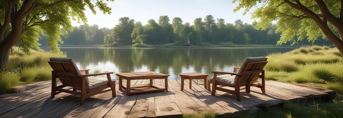 Seating arrangement with wooden furniture in a tranquil riverfront clearing, peaceful surroundings, outdoor relaxation, hidden oasis