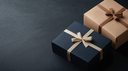 Elegant gift boxes with ribbons on a dark textured background