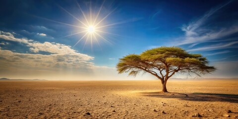 Barren desert landscape with lone acacia tree under scorching sun, desert, arid, sand, heat, climate, landscape, nature, wilderness