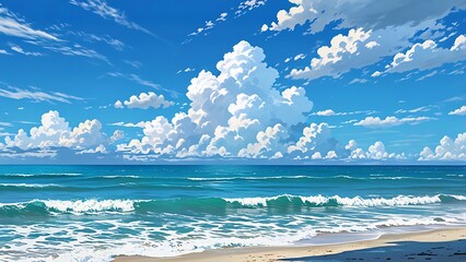 Cartoon anime style sea or ocean with clouds background 