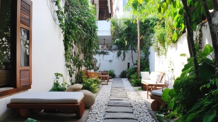 Fototapeta premium Serene courtyard garden with white walls, stone path, lush greenery, and wooden seating.