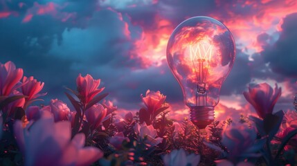 Glowing lightbulb in a field of flowers at sunset. (3)