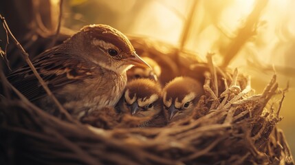 A mother bird and her three chicks nestled together in a cozy nest during golden hour.