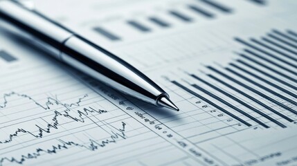 Close-up of a pen on financial graphs and data sheets