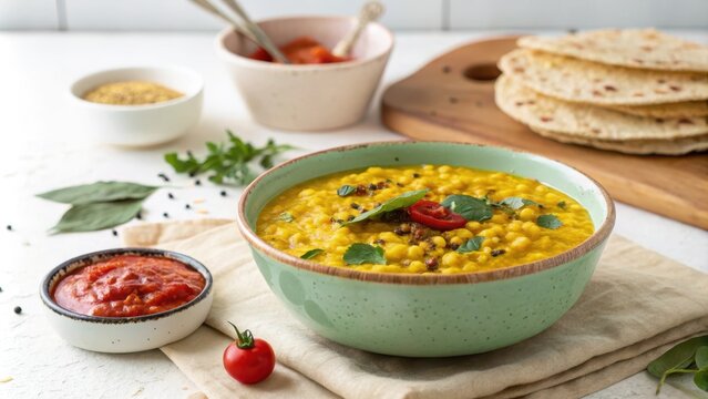 Vibrant bowl of moong dal served with flatbreads and condiments