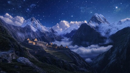 Obraz premium A serene mountain landscape featuring ancient structures under a starry sky.