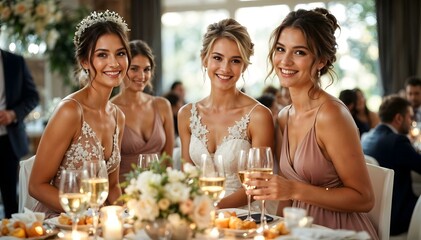 Group of women bridal party celebrating at a wedding reception together toasting with wine champagne glasses at a beautiful venue