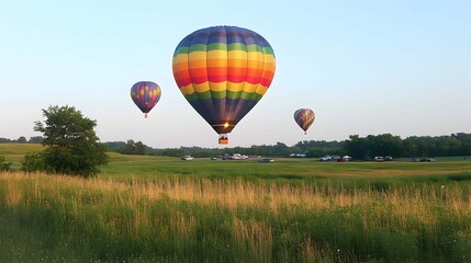 Obraz premium Three hot air balloons ascend over a tranquil field at dawn, casting long shadows.