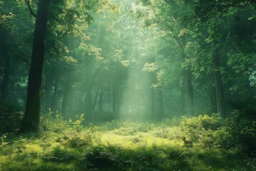 Obraz premium Misty Forest Glade Sunlight