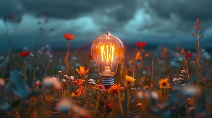 Glowing lightbulb in a vibrant wildflower field at sunset.
