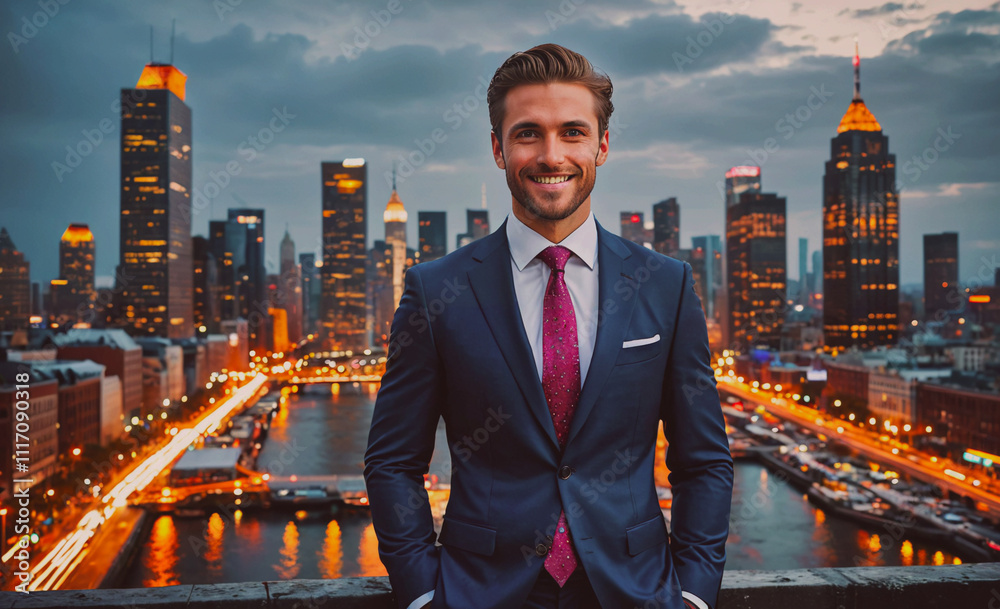 Poster Man in a suit and tie stands on a bridge in a city. He is smiling and looking at the camera