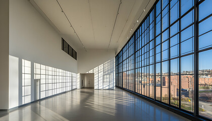 Sunlit modern gallery interior with expansive windows showcasing city views. Ideal for architecture, design, and real estate.