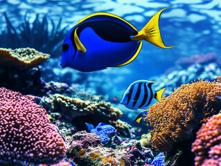 Fototapeta premium Colorful coral reef bustling with vibrant marine life showcasing a blue tang and a striped fish swimming among coral