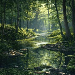 Fototapeta premium Calm Forest Stream Surrounded by Greenery