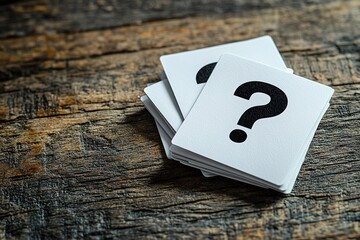 A stack of white cards with a black question mark on them
