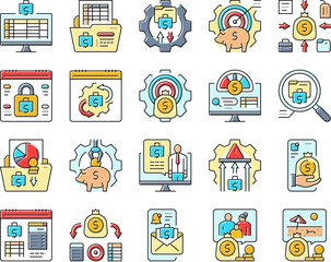 planning budget finance income icons set vector. investment cashflow, management optimization, prioritization tracking planning budget finance income color line illustrations
