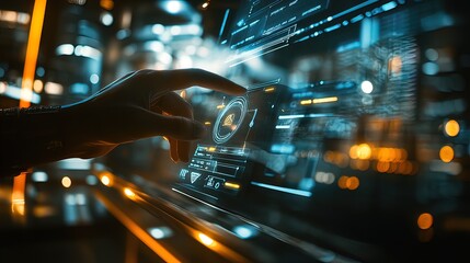 Hand interacting with futuristic holographic interface displaying data and controls.