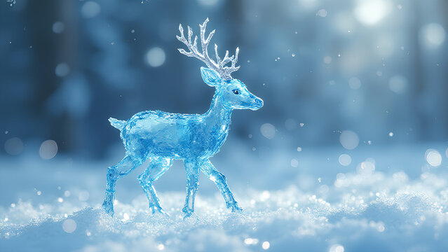 whimsical blue deer made of crystals playing in the ice forest shiny and delicate pearls