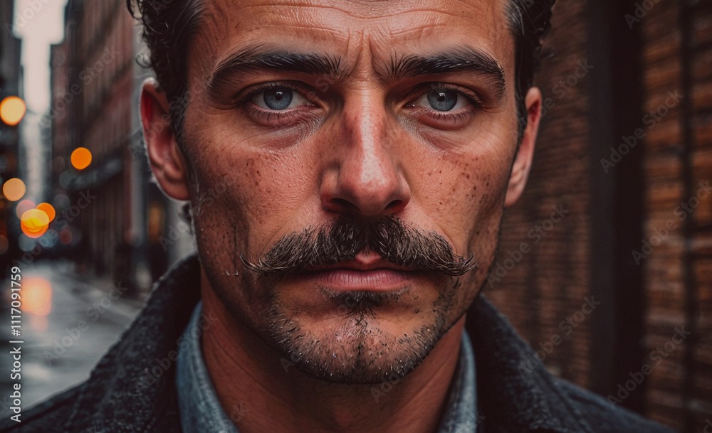 Aufkleber man with a mustache and blue eyes. he is wearing a black jacket. the jacket is on the left side of t