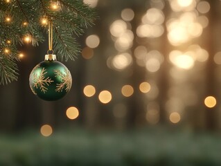 Fototapeta premium Green Christmas Ornament Hanging on Pine Branch with Bokeh Background