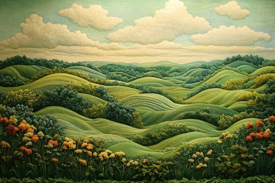 A picturesque landscape painting of rolling hills, lush green meadows, and vibrant flowers under a cloudy sky.