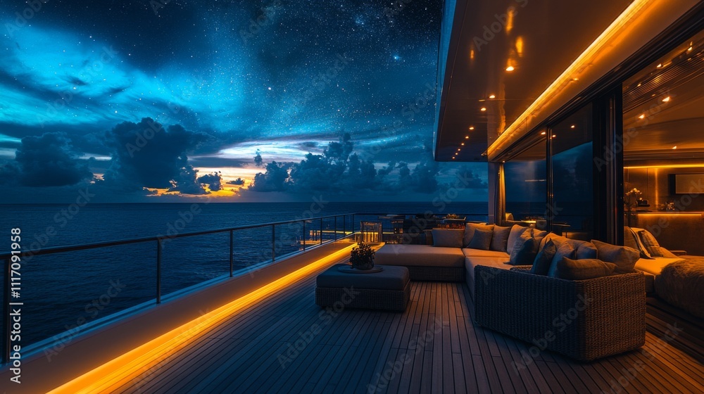 Poster The spacious deck of a luxury yacht is illuminated by amber lights as the sun sets over the tranquil ocean. The sky transitions to a starlit canvas, creating a peaceful ambiance.