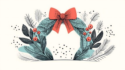 Festive Christmas Wreath Illustration With Red Bow and Berries