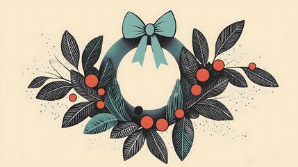 Elegant Christmas Wreath With Red Berries and Blue Bow Illustration