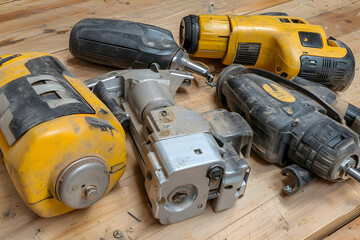 Collection of used construction tools, including drills and saws, resting on a wooden surface; showing wear and tear from extensive use.